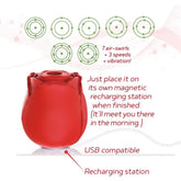 The Wild Rose Rechargeable Suction Vibrator by Icon Brands is a red, rose-shaped device that features air-swirl and speed settings. It offers magnetic recharging and USB compatibility for added convenience in daily use. Enjoy the perfect blend of elegance and functionality with this innovative silicone suction vibrator.